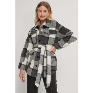 Women's Black and White Plaid Belted Jacket